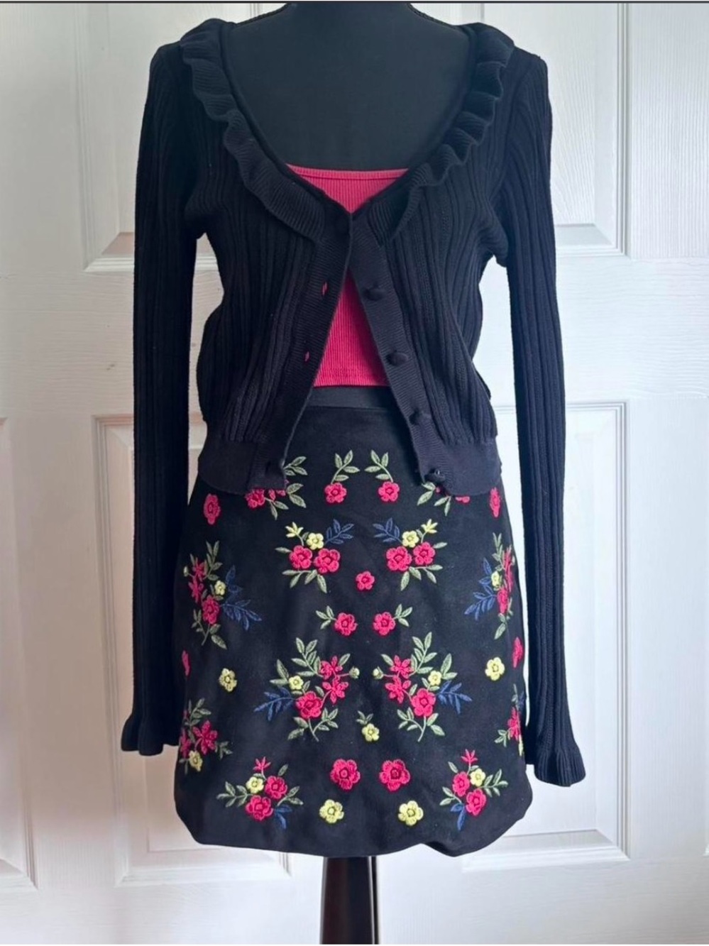 Black Floral Embroidered Mini Skirt
